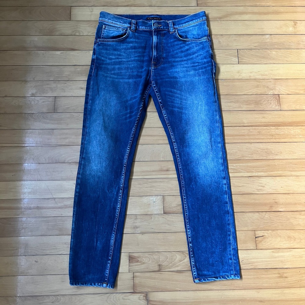 Nudie Jeans Co Mens Blue Lean Dean Denim Pants Medium Wash Whiskered 32x32